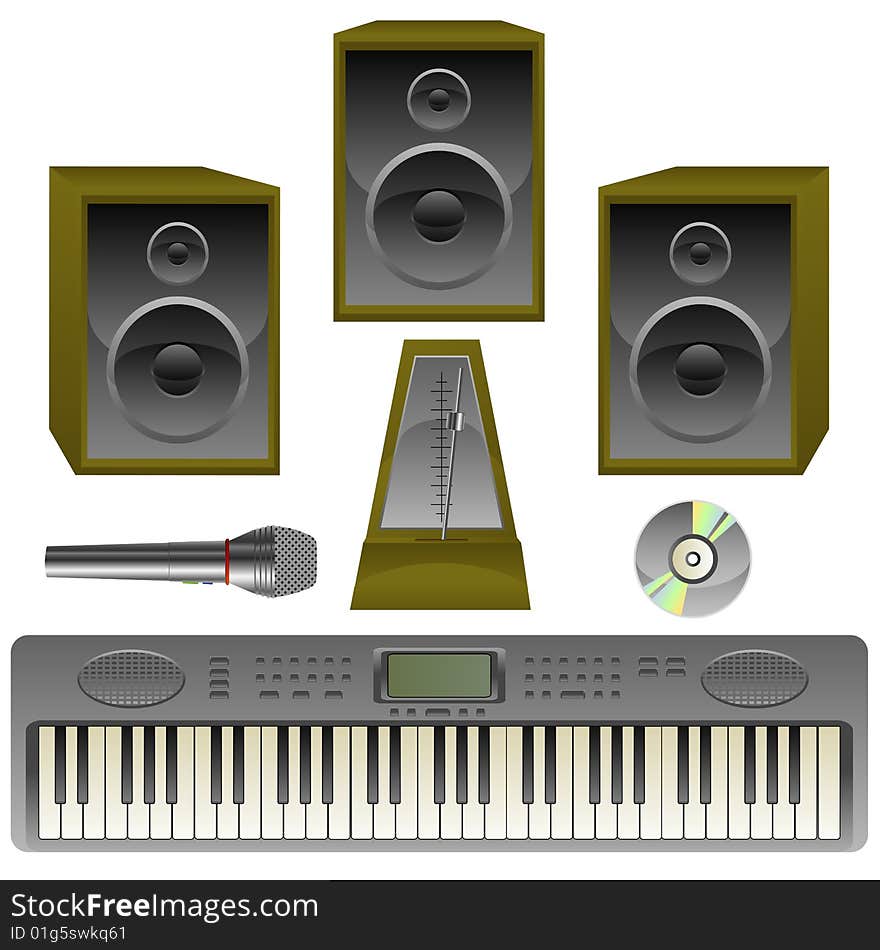 Musik set, loud speaker, metronome, Microphone, cd, isolated on white, vector, eps 8 format