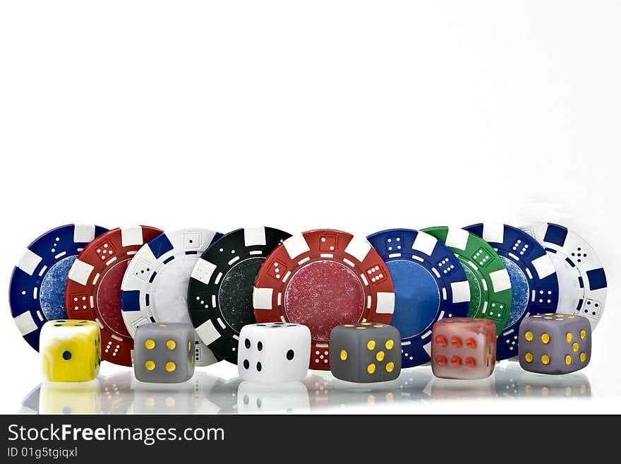 Dice and chips on white Background