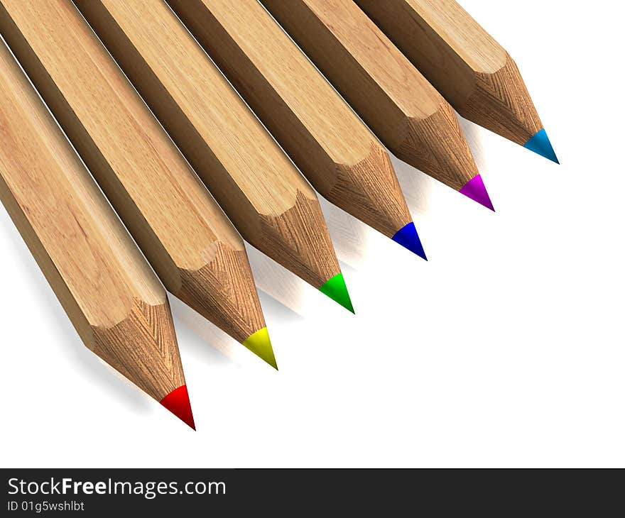 Wooden color pencils in arrange in line on white background