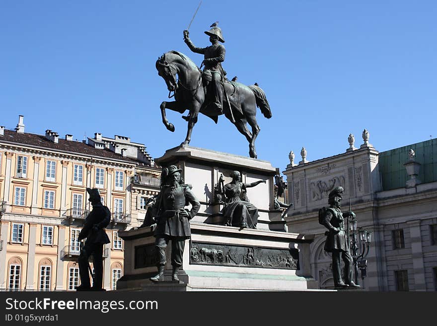 Carlo Alberto memorial statue in Turin. You can see the National Library behind