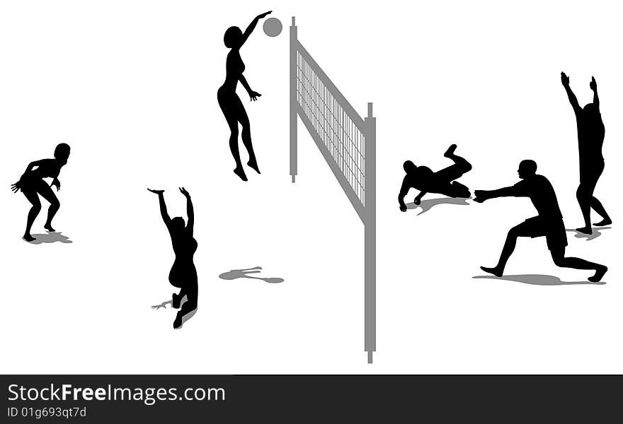 Volleyball game silhouette on white,