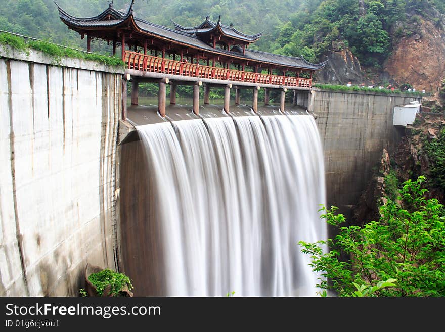 Chinese temple with waterfall in Taizhou,zhejiang,China