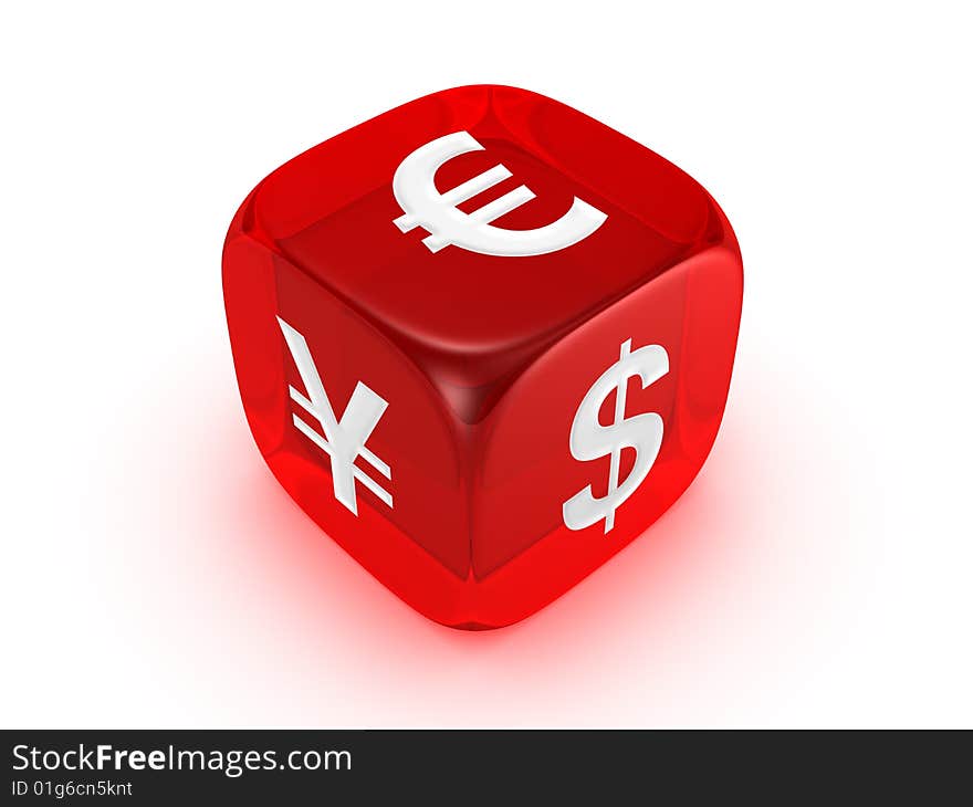 One translucent red dice with dollar euro yen sign isolated on white background. One translucent red dice with dollar euro yen sign isolated on white background