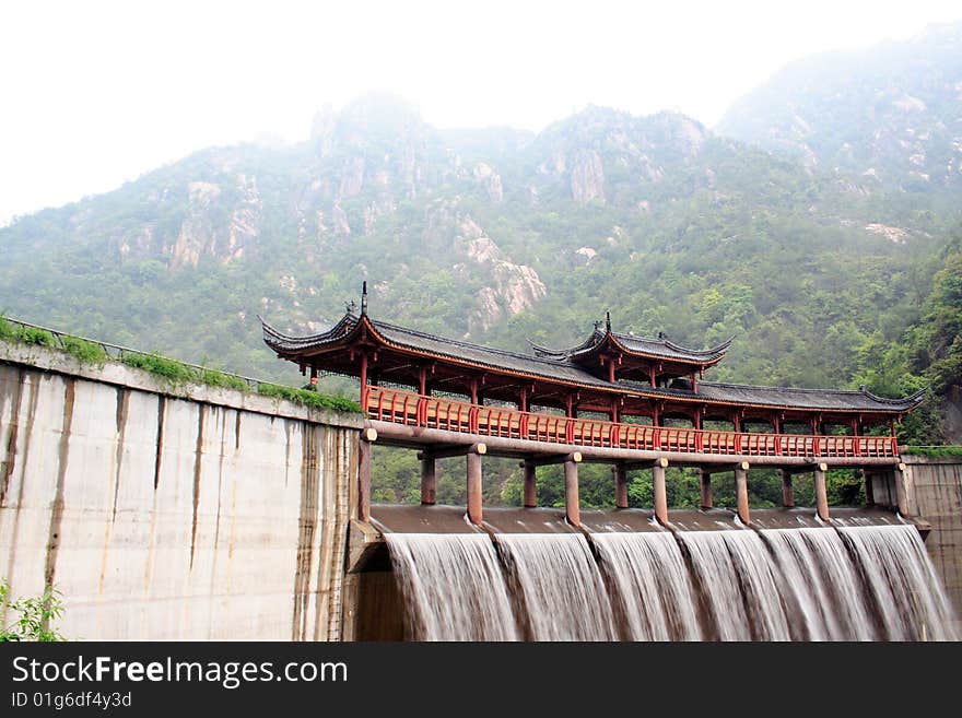 Chinese temple with waterfall in Taizhou,zhejiang,China