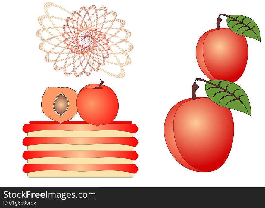 Fancy cake and fruits of peach isolated on a white background. Fancy cake and fruits of peach isolated on a white background.