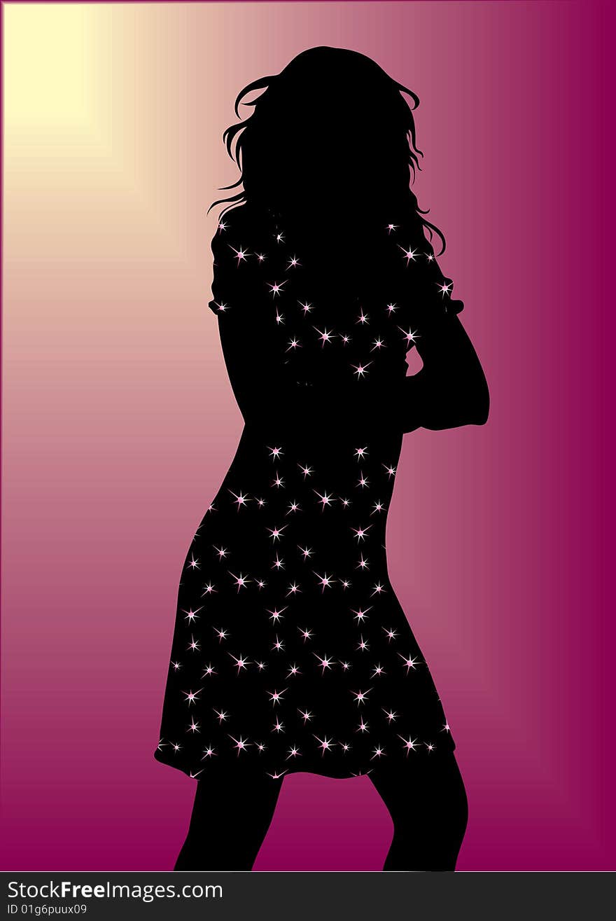 Silhouette girl in dress, vector