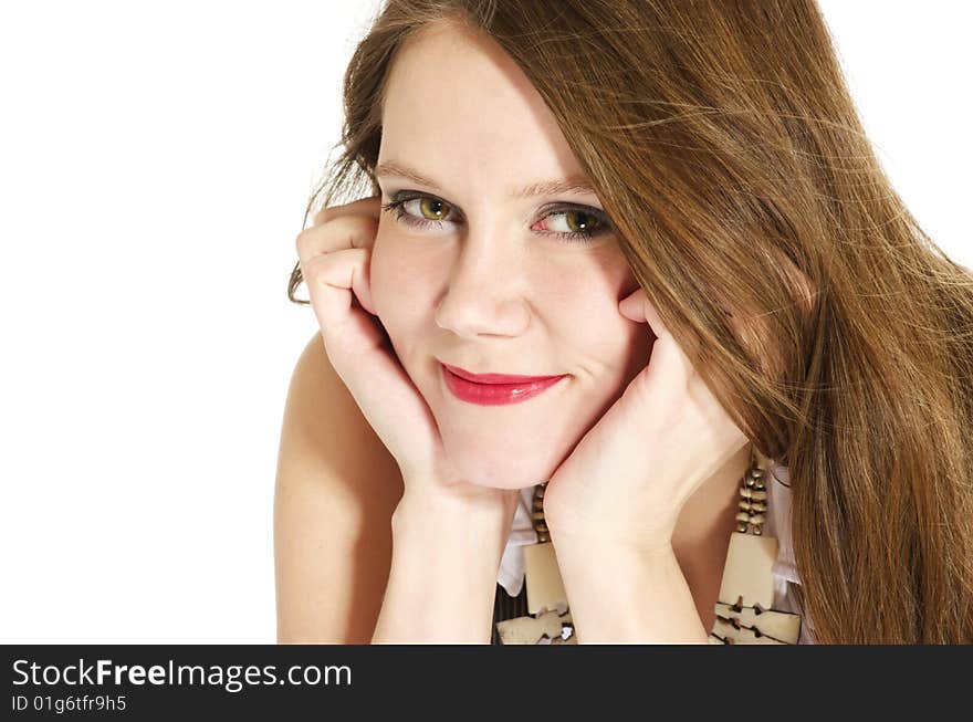 Smiling young woman with long red hair. Smiling young woman with long red hair