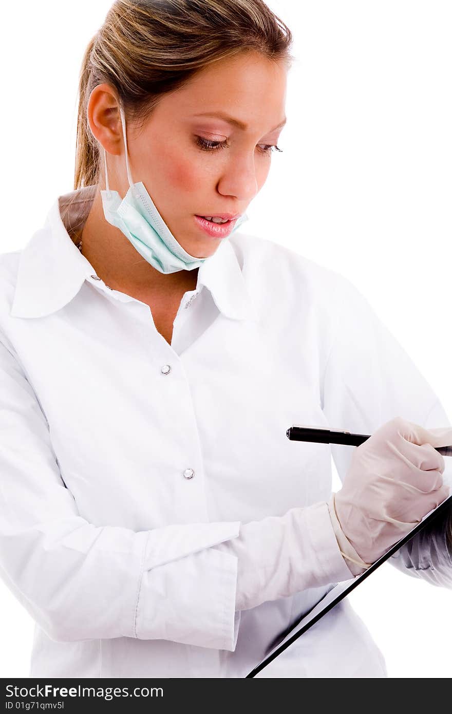 Front view of female doctor against white background. Front view of female doctor against white background