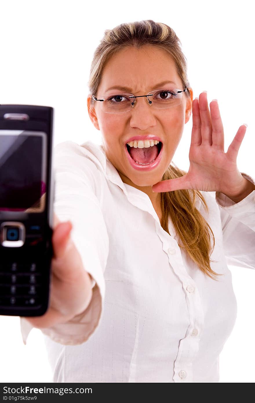 Portrait of smiling businesswoman showing mobile on an isolated background