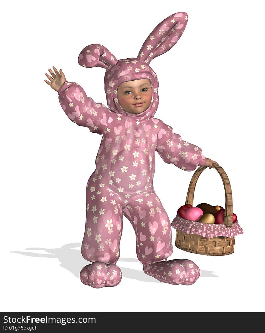 3D render of a baby dressed up like a bunny, carrying an Easter basket. 3D render of a baby dressed up like a bunny, carrying an Easter basket.