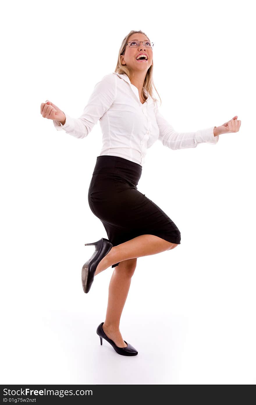 Side view of successful businesswoman against white background