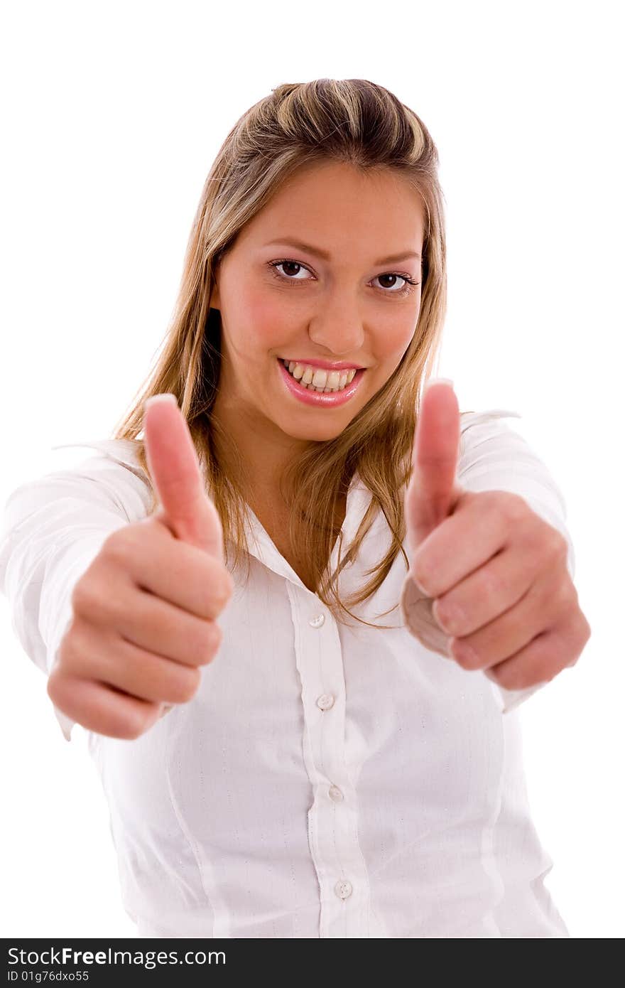 Portrait of smiling lawyer showing thumb up with hands on an isolated background