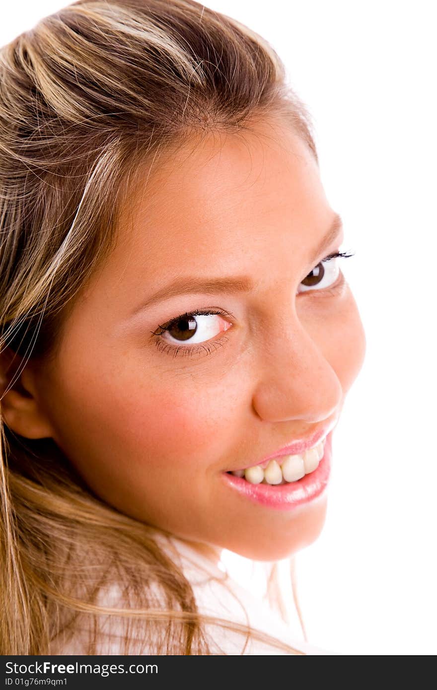 Close up of smiling businesswoman with white background