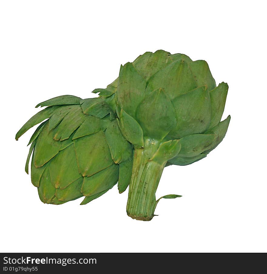 Fresh, raw artichokes on white background