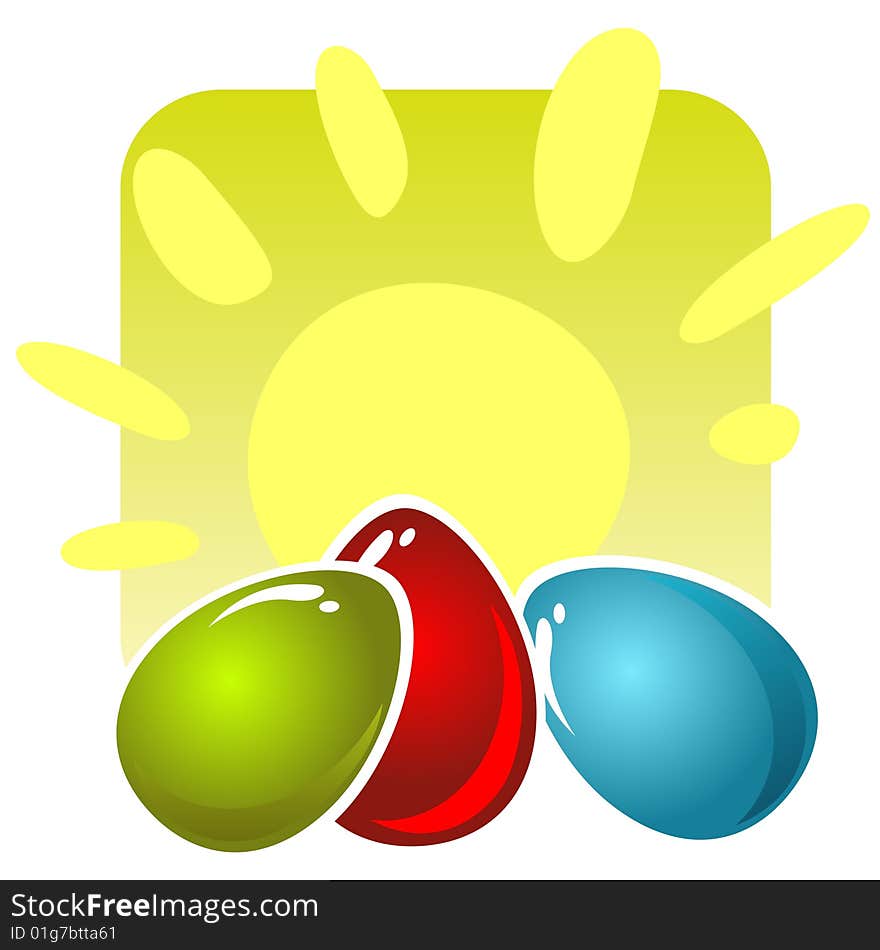 Three easter eggs and sun on a yellow background. Easter illustration.