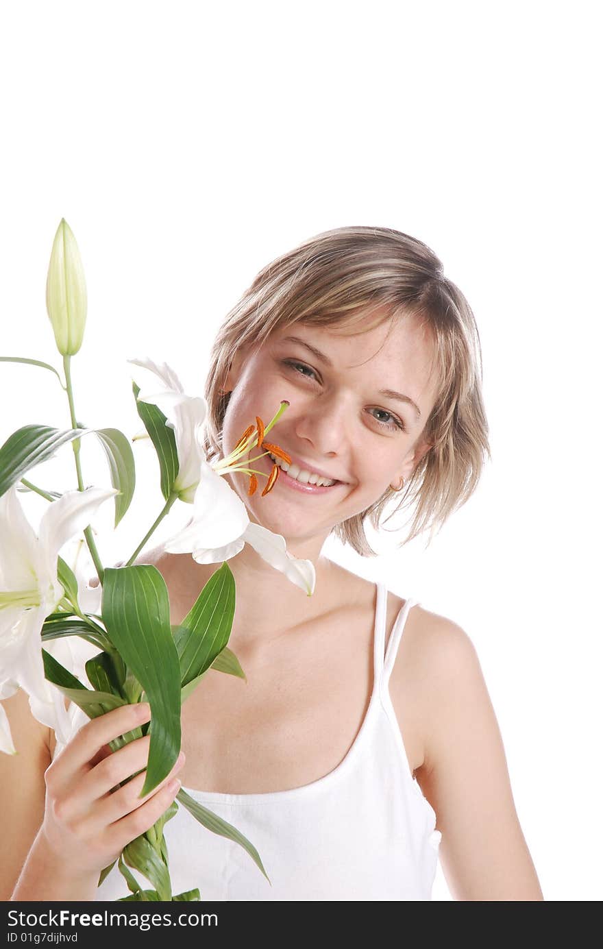 Gorgeous blonde with flowers isolated on white background. Gorgeous blonde with flowers isolated on white background