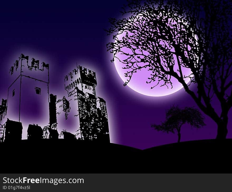 Night medieval scenery fantasy illustration. Night medieval scenery fantasy illustration