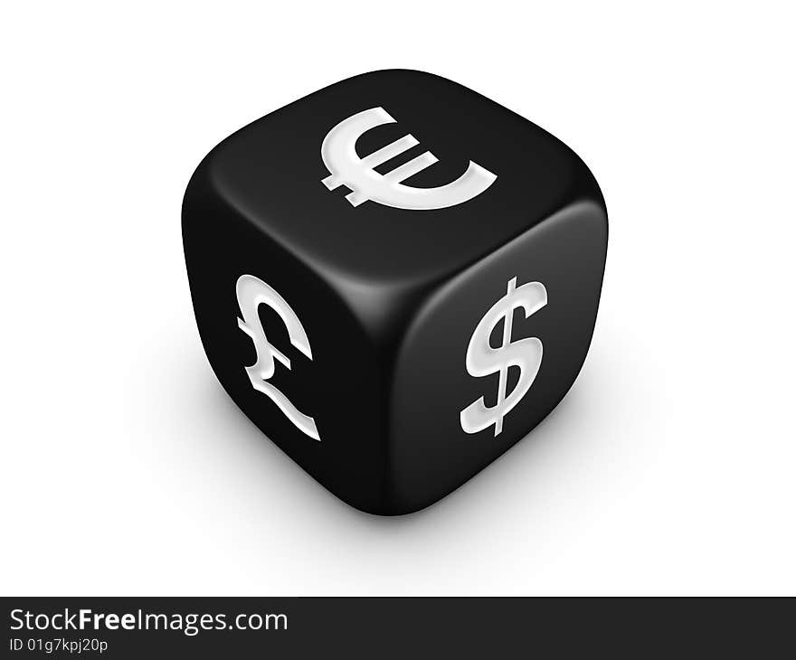 One black dice with dollar euro pound sign isolated on white background. One black dice with dollar euro pound sign isolated on white background