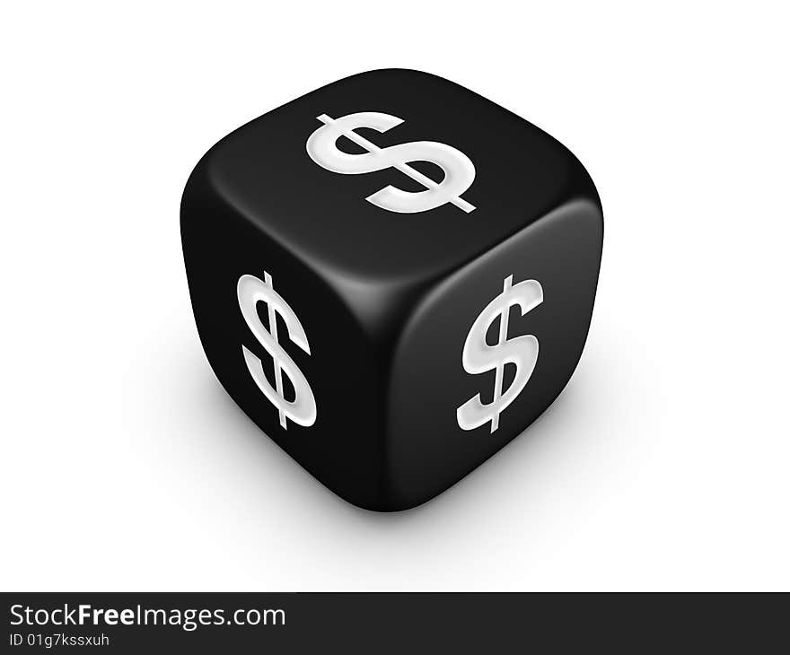 One black dice with dollar sign isolated on white background