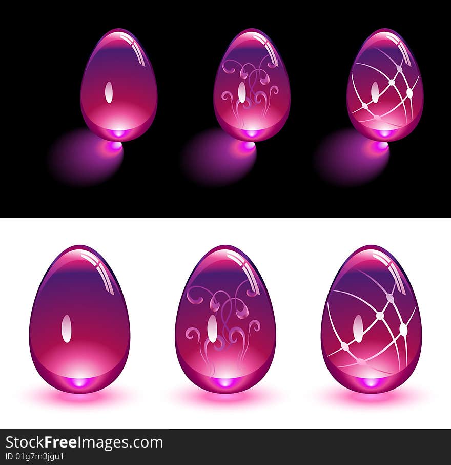 Purple Easter glass eggs glowing in the dark and isolated. Purple Easter glass eggs glowing in the dark and isolated.
