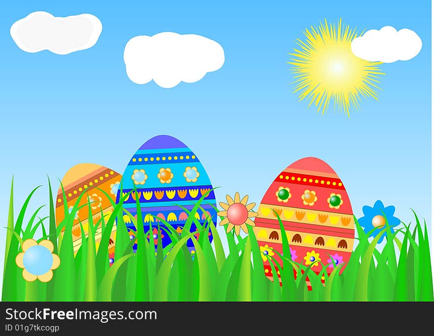 Easter eggs on green grass