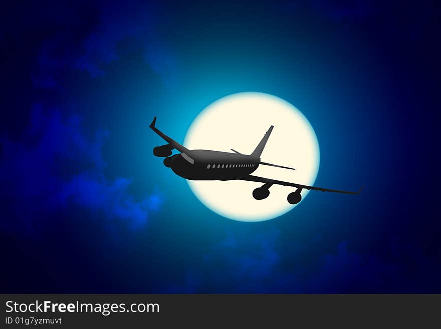 Airplane in the night sky. Airplane in the night sky