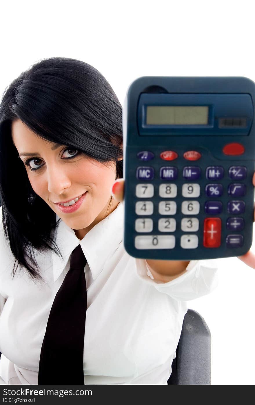 Woman showing calculator on an isolated white background