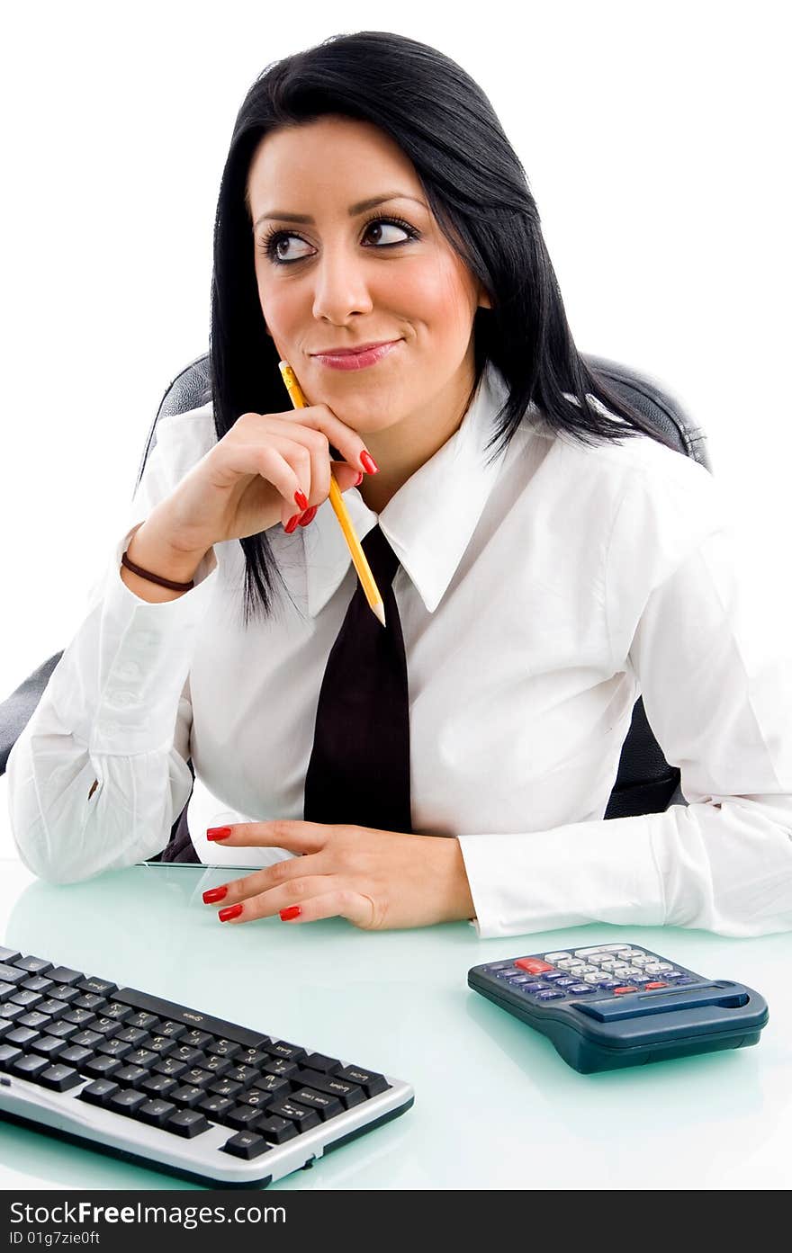 Female thinking and holding pencil with white background