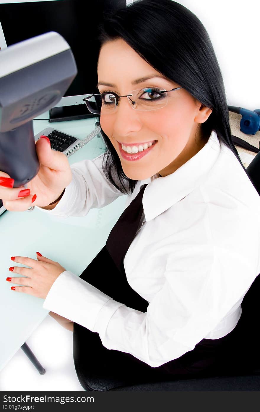 Executive showing phone receiver with white background