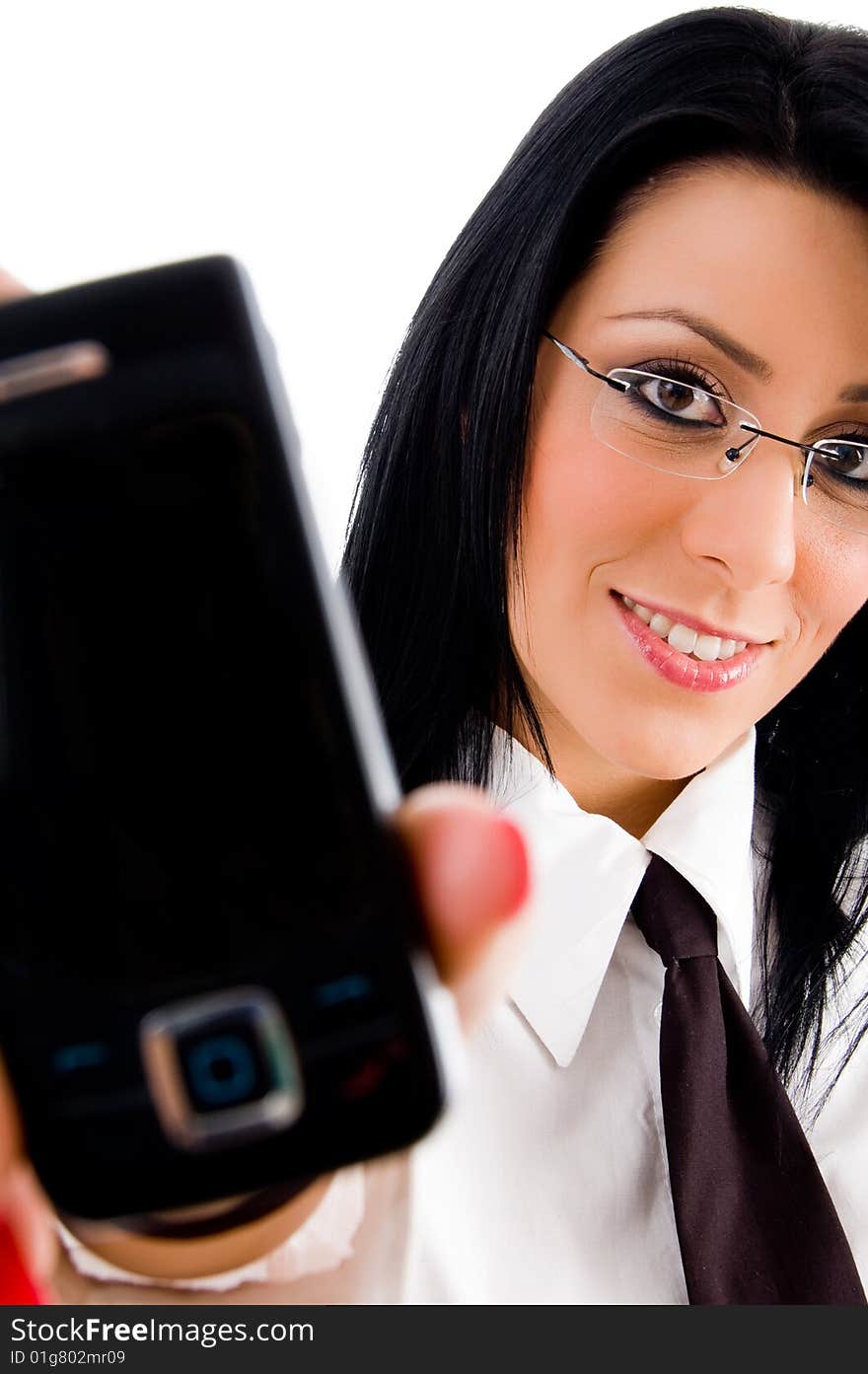 Lawyer showing cell phone against white background