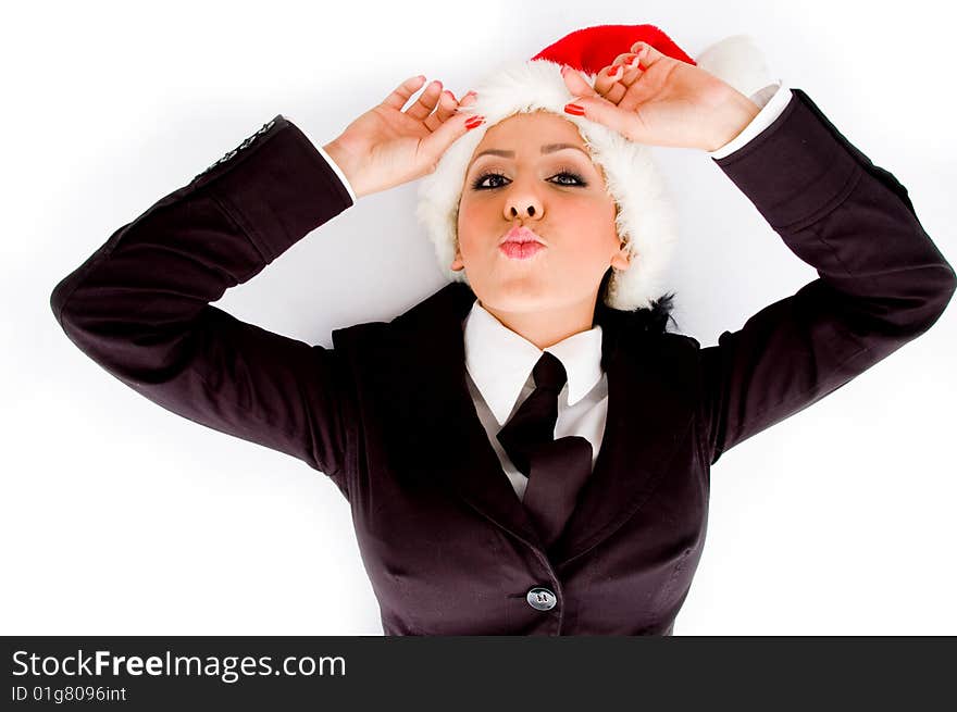 Young executive wearing christmas hat on an isolated white background