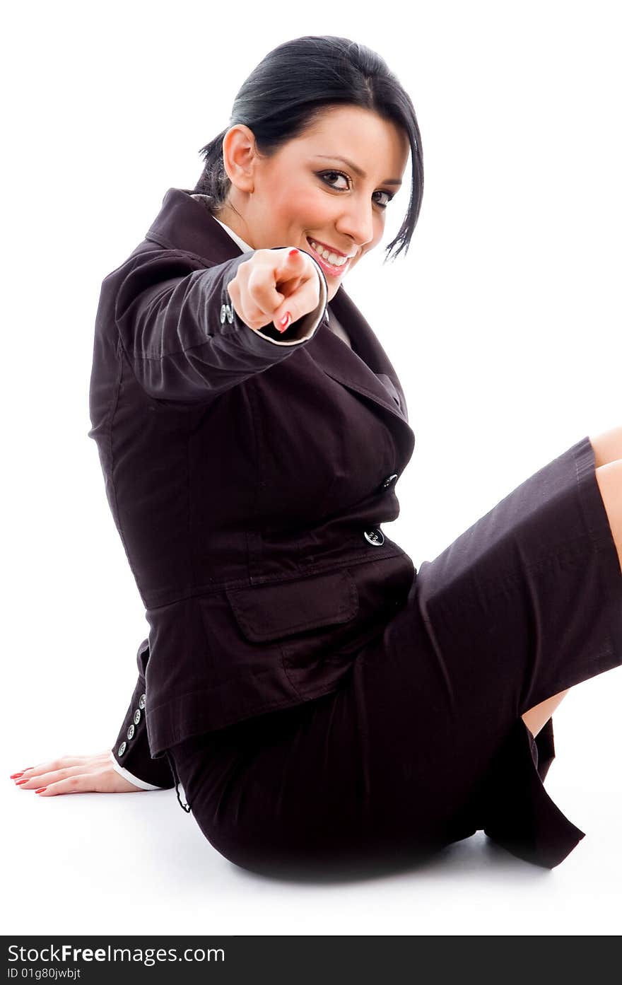 Side view of indicating young professional on an isolated white background