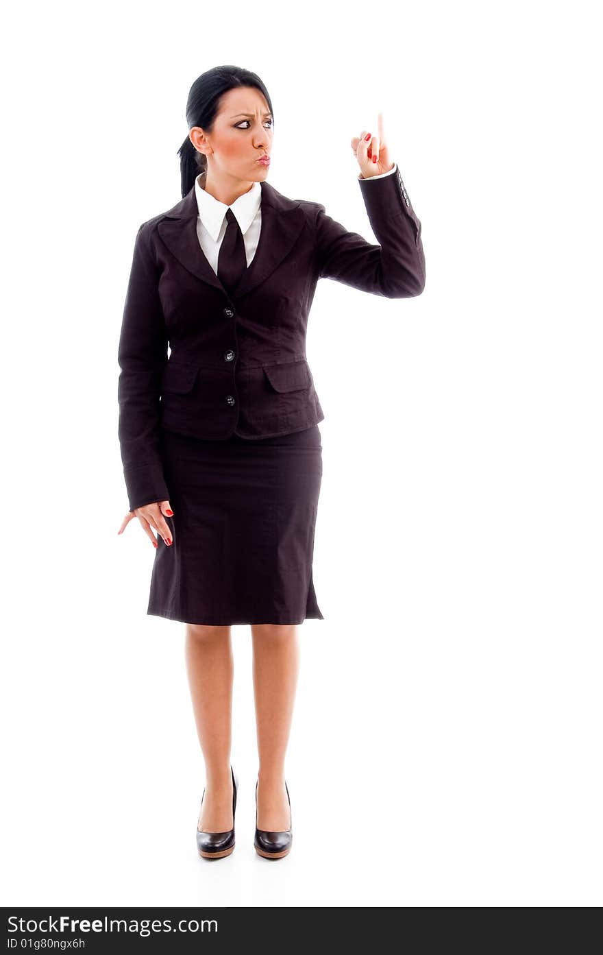 Standing manager showing counting hand gesture against white background