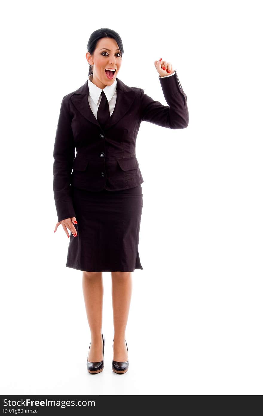 Standing accountant showing counting hand gesture on an isolated white background