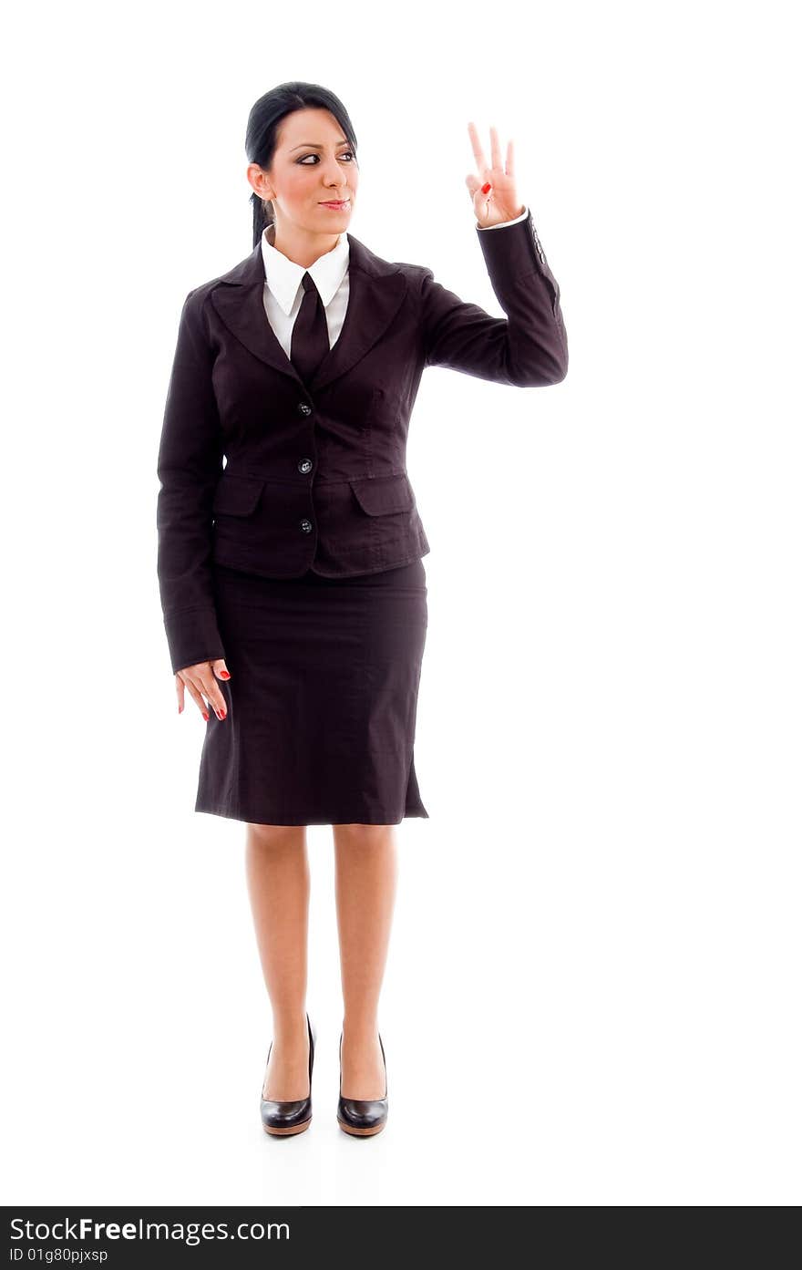 Standing lawyer showing counting hand gesture on an isolated white background