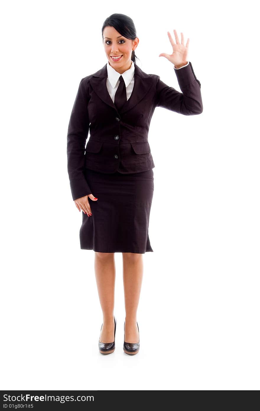 Young businesswoman showing counting hand gesture on an isolated white background