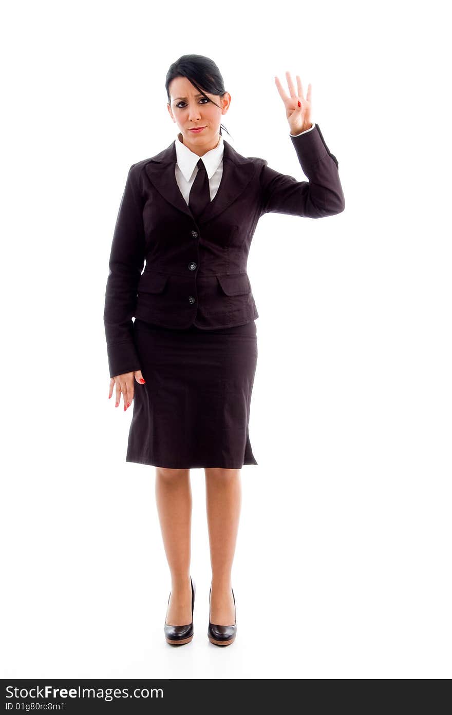 Young lawyer showing counting hand gesture on an isolated white background