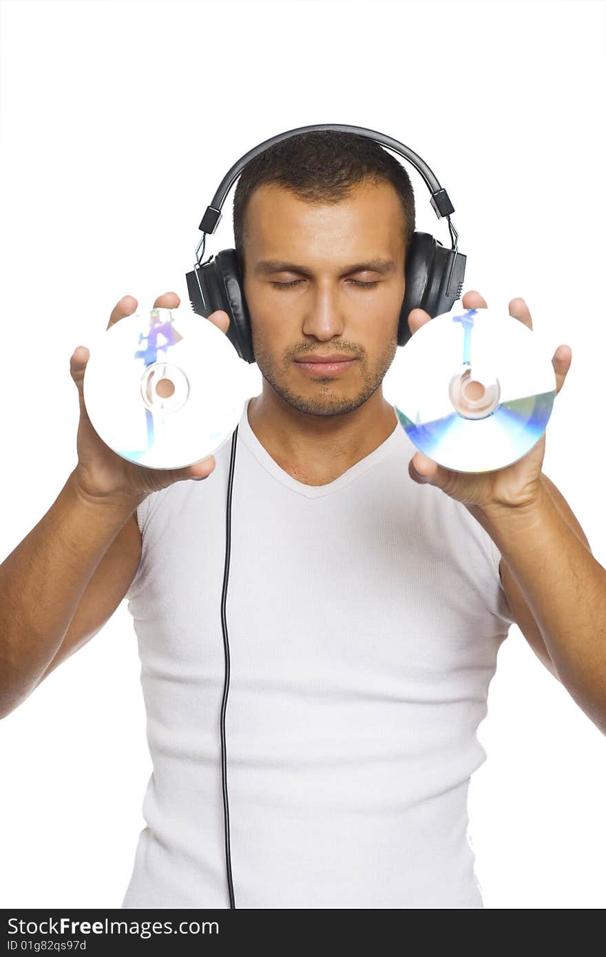 Young man holding two discs. Young man holding two discs