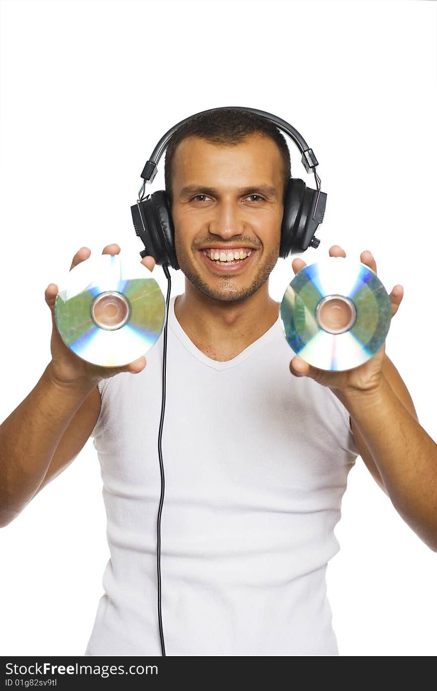 Young man holding two discs. Young man holding two discs