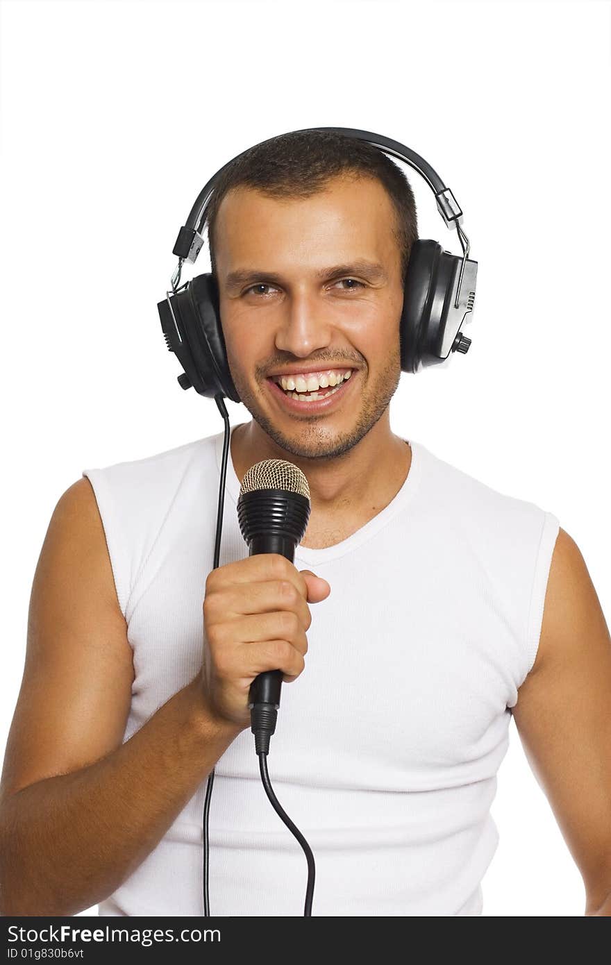 Young man singing isolated on white background. Young man singing isolated on white background