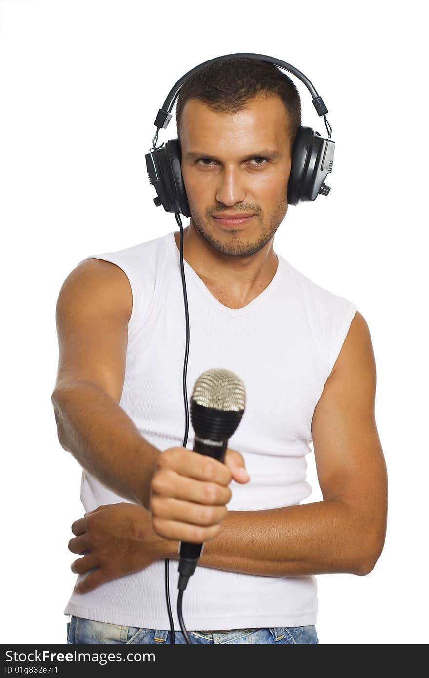 Young man singing isolated on white background. Young man singing isolated on white background