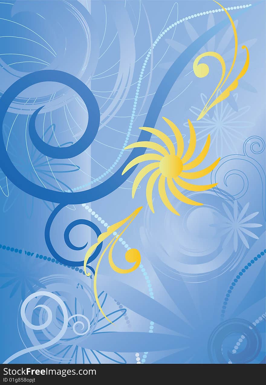 Gold flower with blue spirals on an abstraction background. Gold flower with blue spirals on an abstraction background