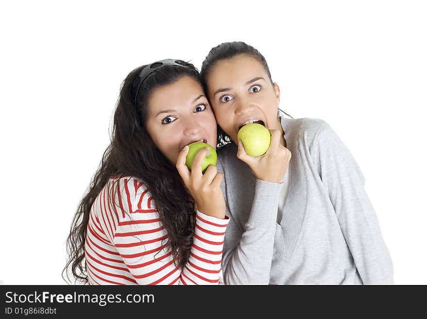 Two friends eating apple