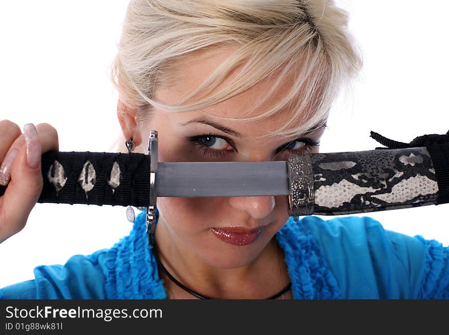 Lovely girl with katana isolated on white. Lovely girl with katana isolated on white