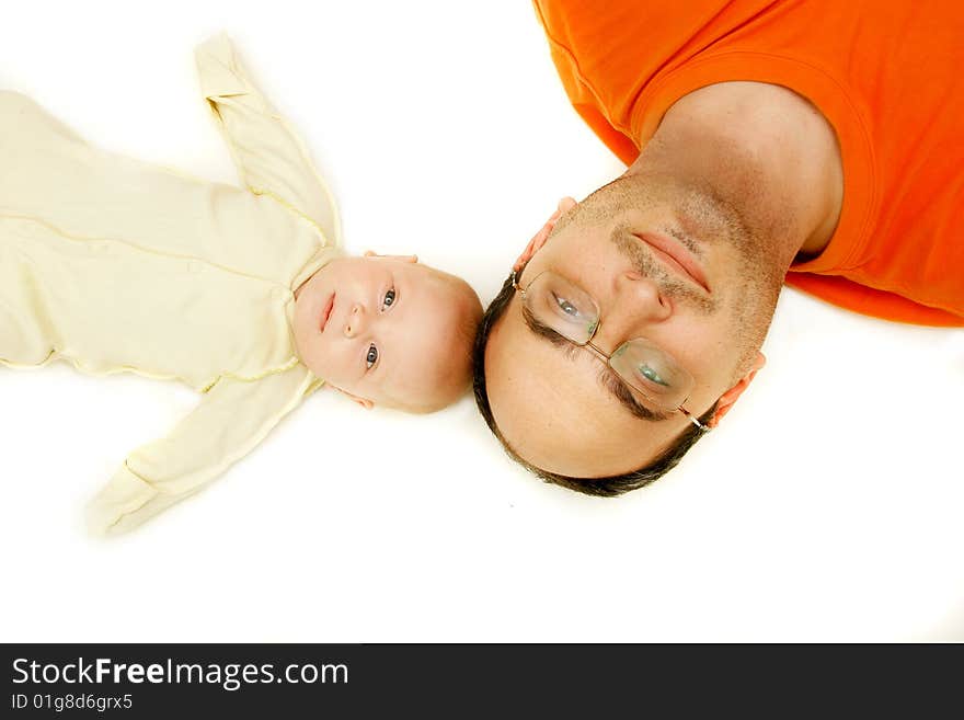 Father and baby over white