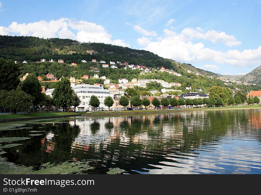 Lille Lungegards-vann pond in the center of Bergen, Norway.