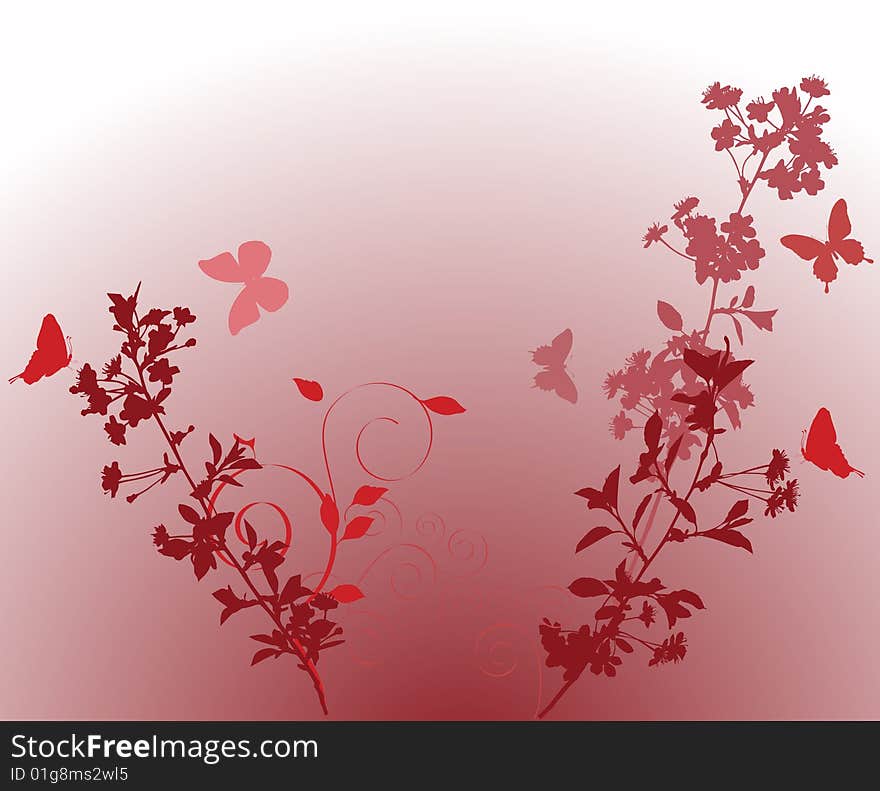 Illustration with cherry tree flowers and butterflies silhouette on white background. Illustration with cherry tree flowers and butterflies silhouette on white background