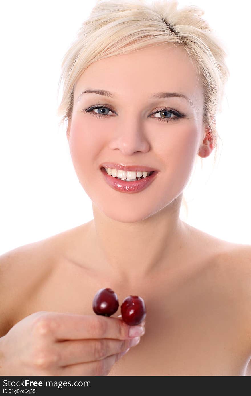 Lovely blondie girl with cherry isolated on white. Lovely blondie girl with cherry isolated on white