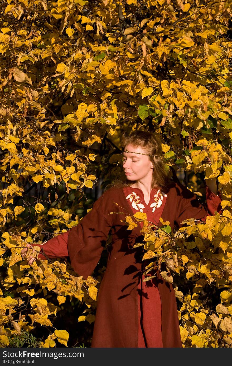 The blonde girl in medieval red dress in the autumn forest. The blonde girl in medieval red dress in the autumn forest