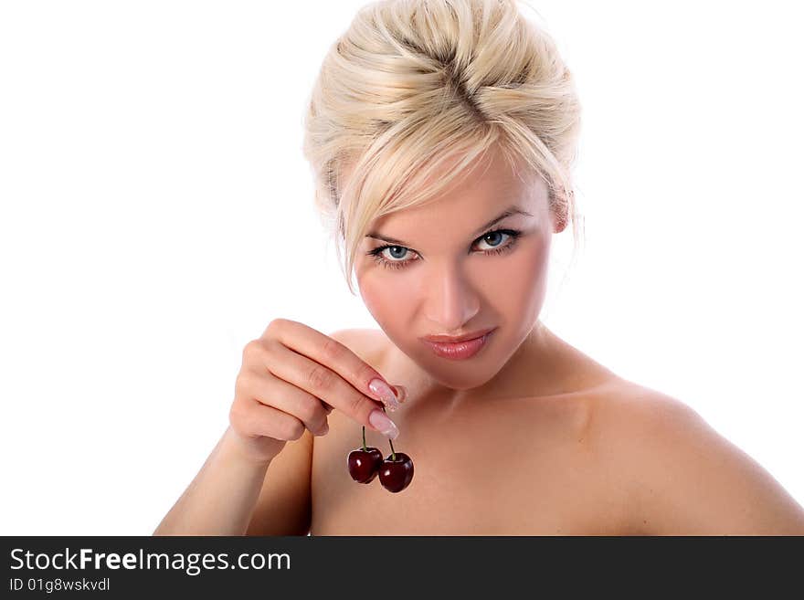 Lovely blondie girl with cherry isolated on white. Lovely blondie girl with cherry isolated on white